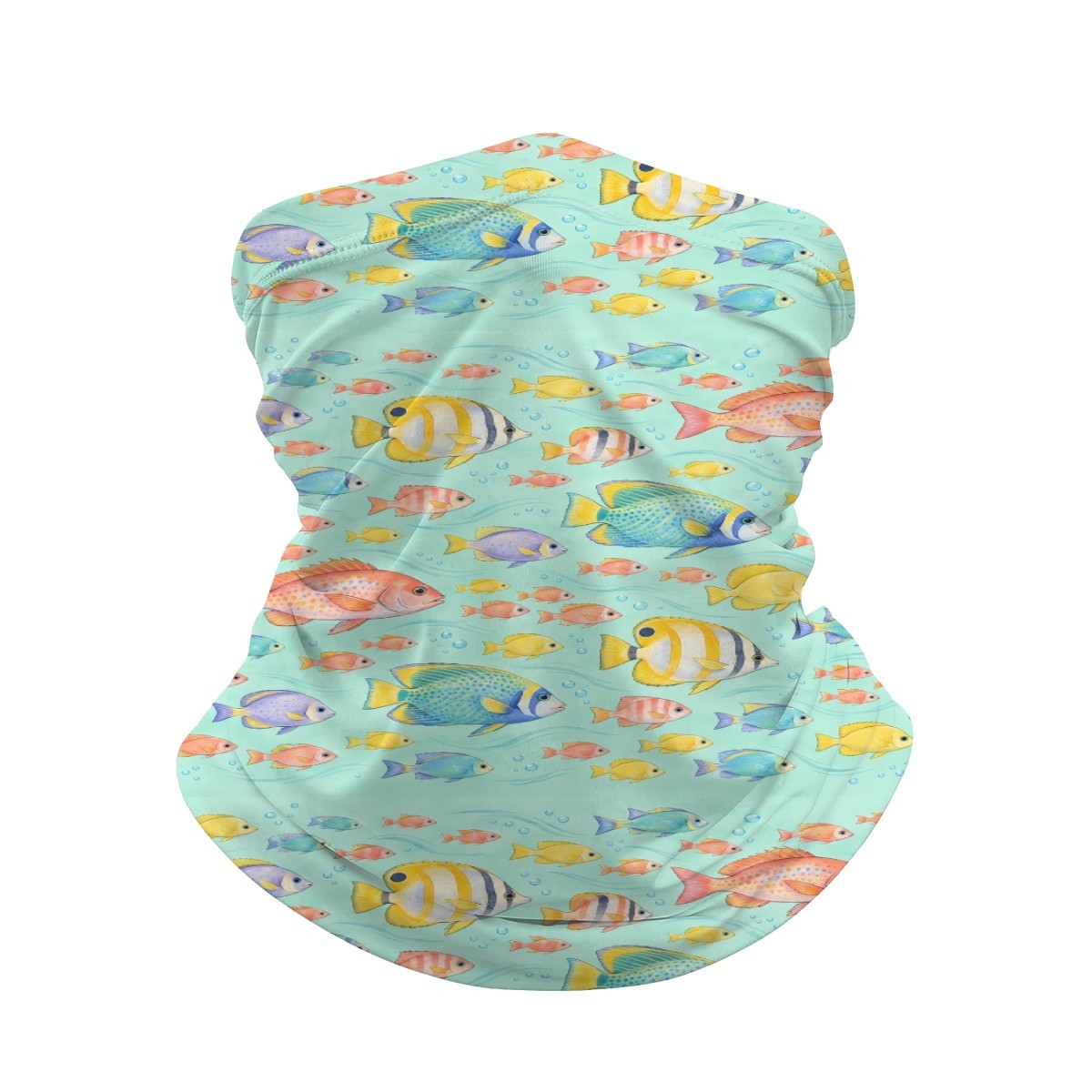 Neck gaiter with yellow, orange, blue and red reef fish on an aqua background