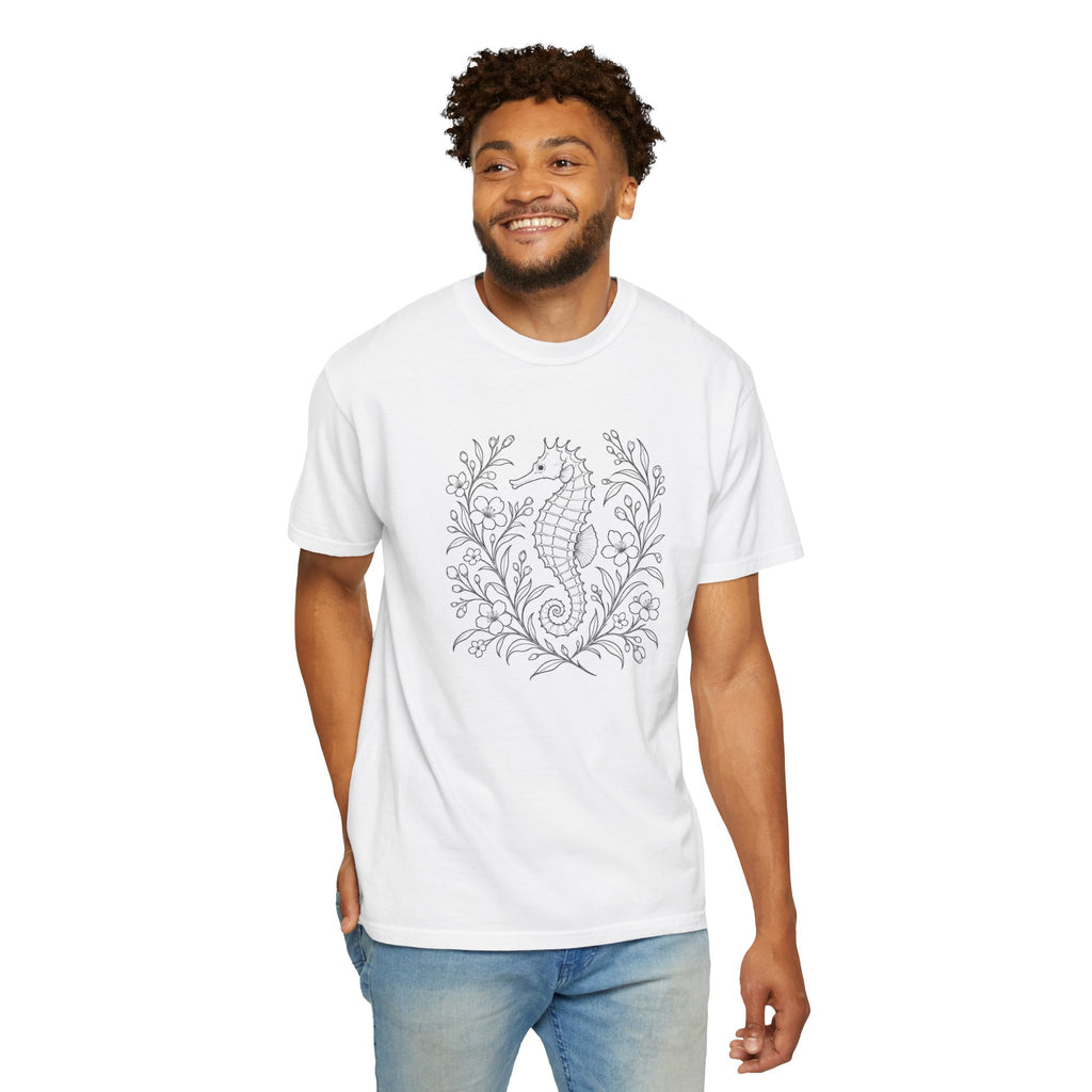 Fine Line Seahorse T-Shirt, Minimalist Botanical Seahorse Tee