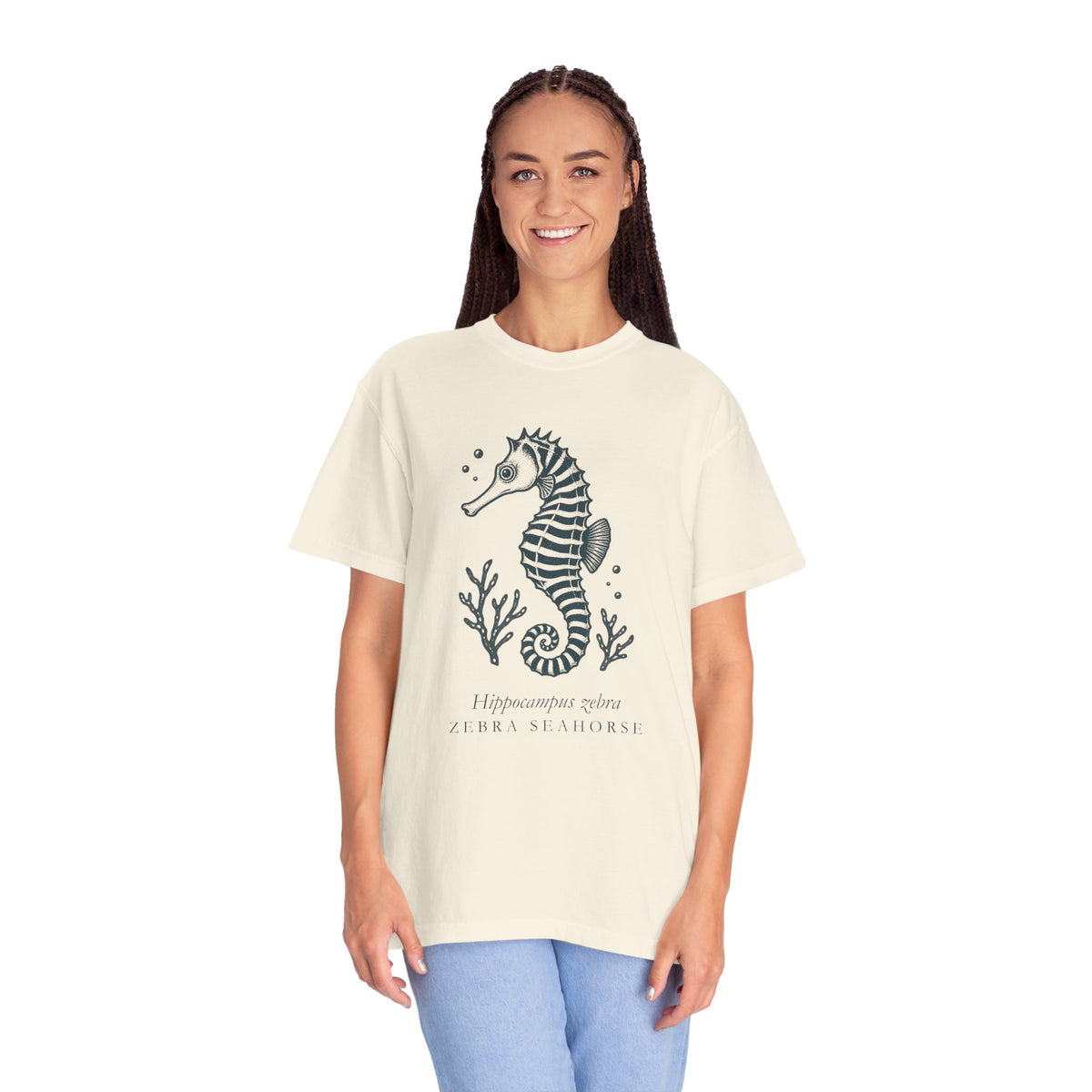 Zebra Seahorse T-Shirt, Teal Linocut Seahorse Tee