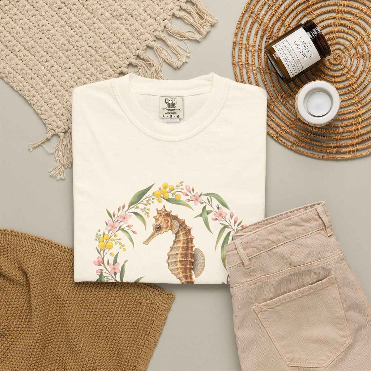 White's Seahorse T-Shirt, Wattle and Native Flower Wreath Tee