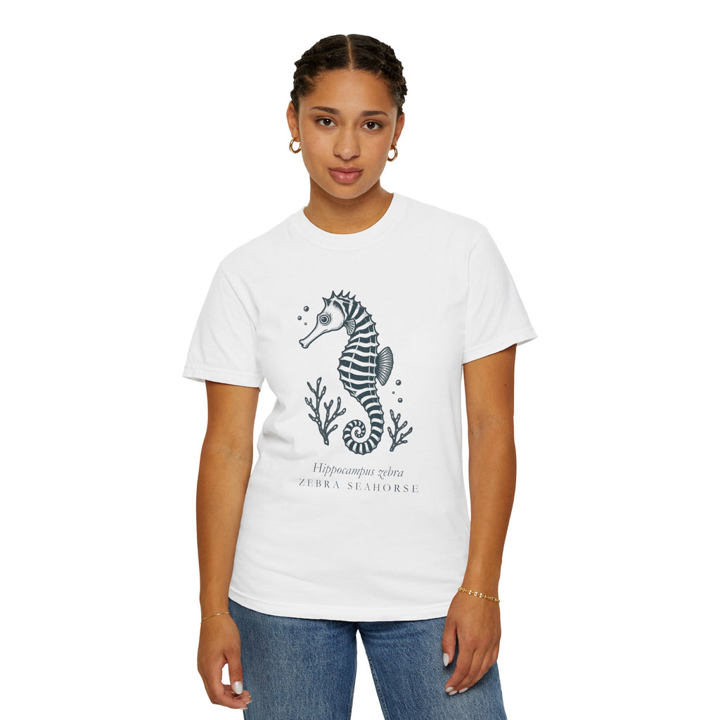 Zebra Seahorse T-Shirt, Teal Linocut Seahorse Tee