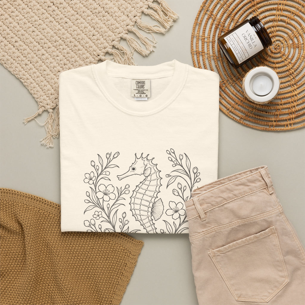Fine Line Seahorse T-Shirt, Minimalist Botanical Seahorse Tee