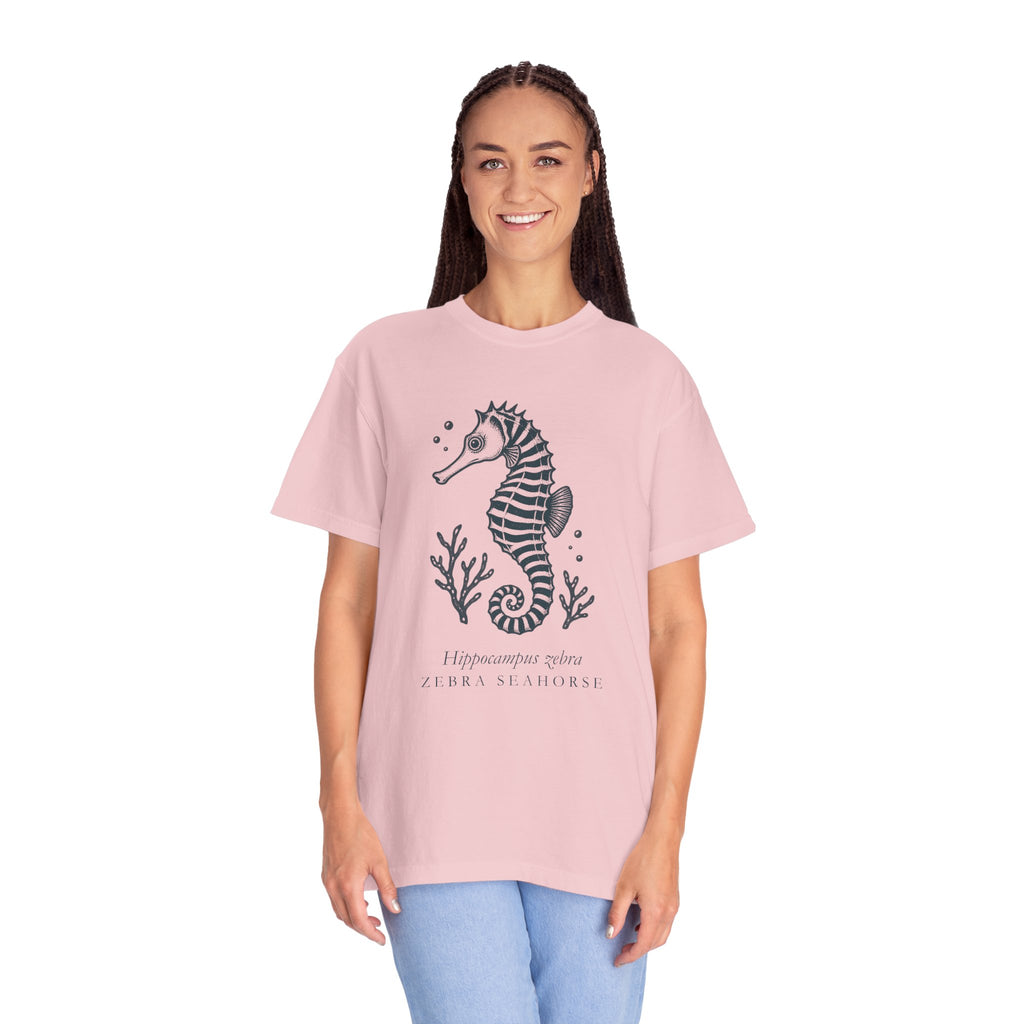 Zebra Seahorse T-Shirt, Teal Linocut Seahorse Tee