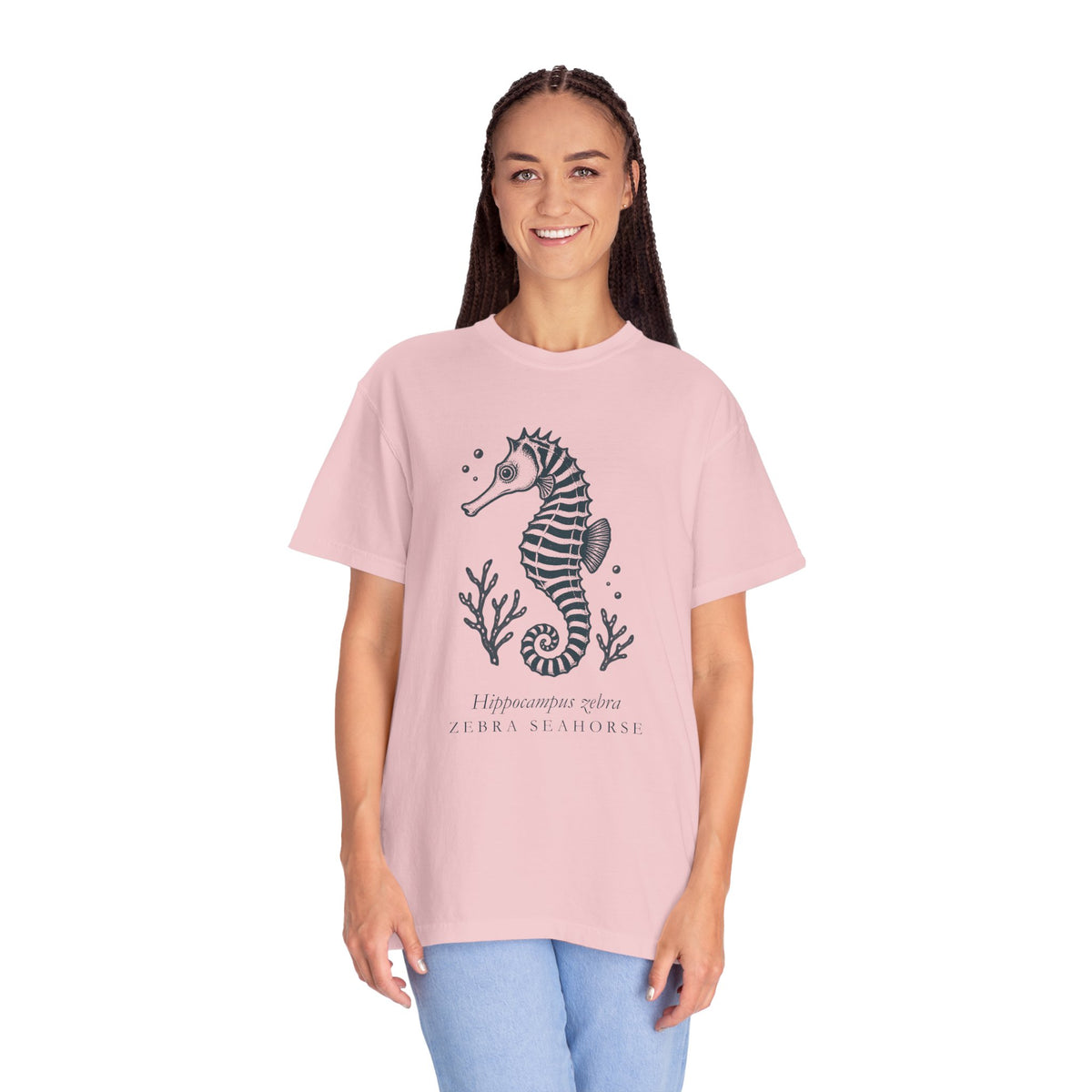 Zebra Seahorse T-Shirt, Teal Linocut Seahorse Tee