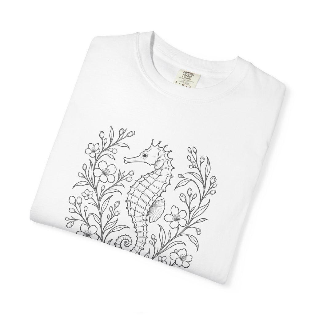 Fine Line Seahorse T-Shirt, Minimalist Botanical Seahorse Tee