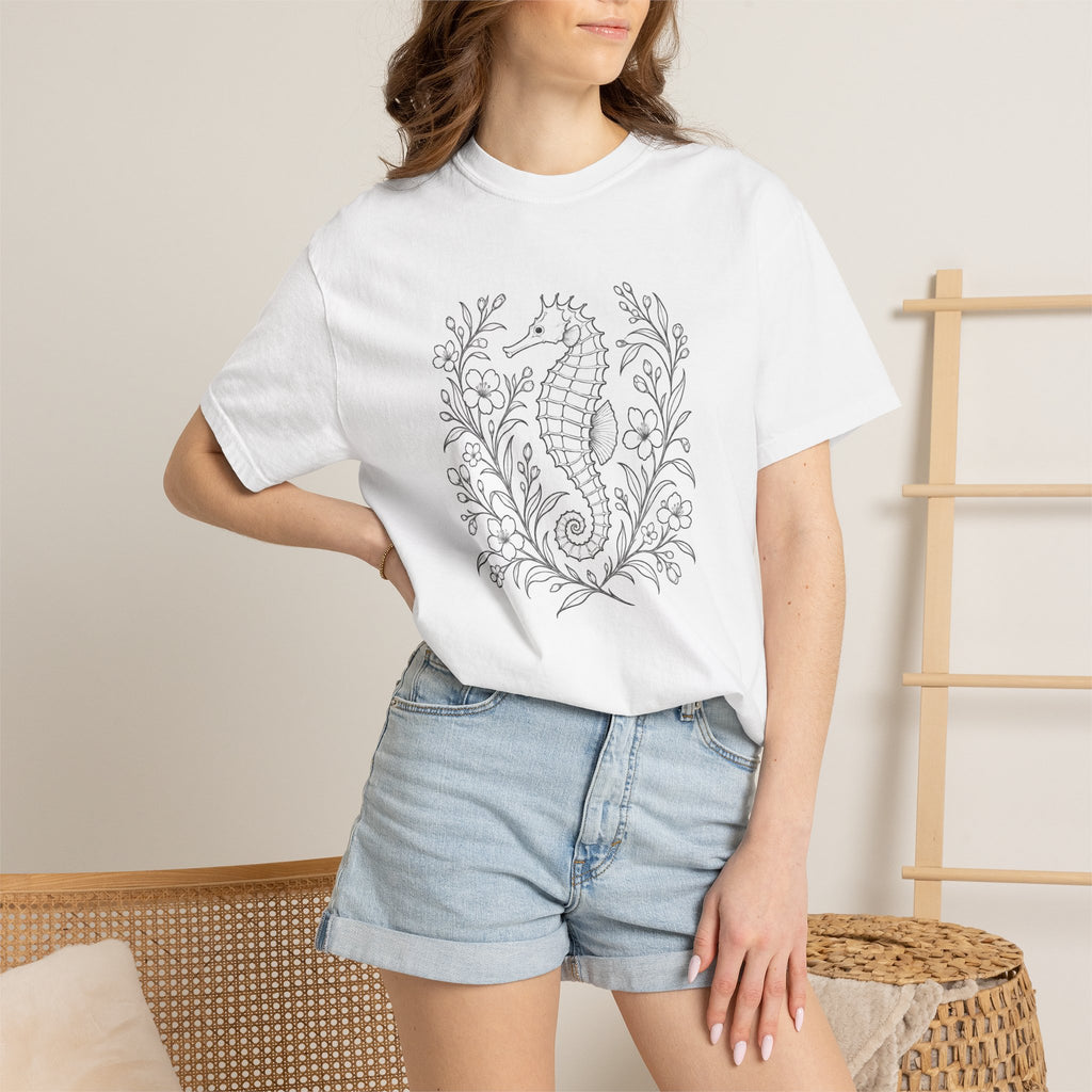 Fine Line Seahorse T-Shirt, Minimalist Botanical Seahorse Tee