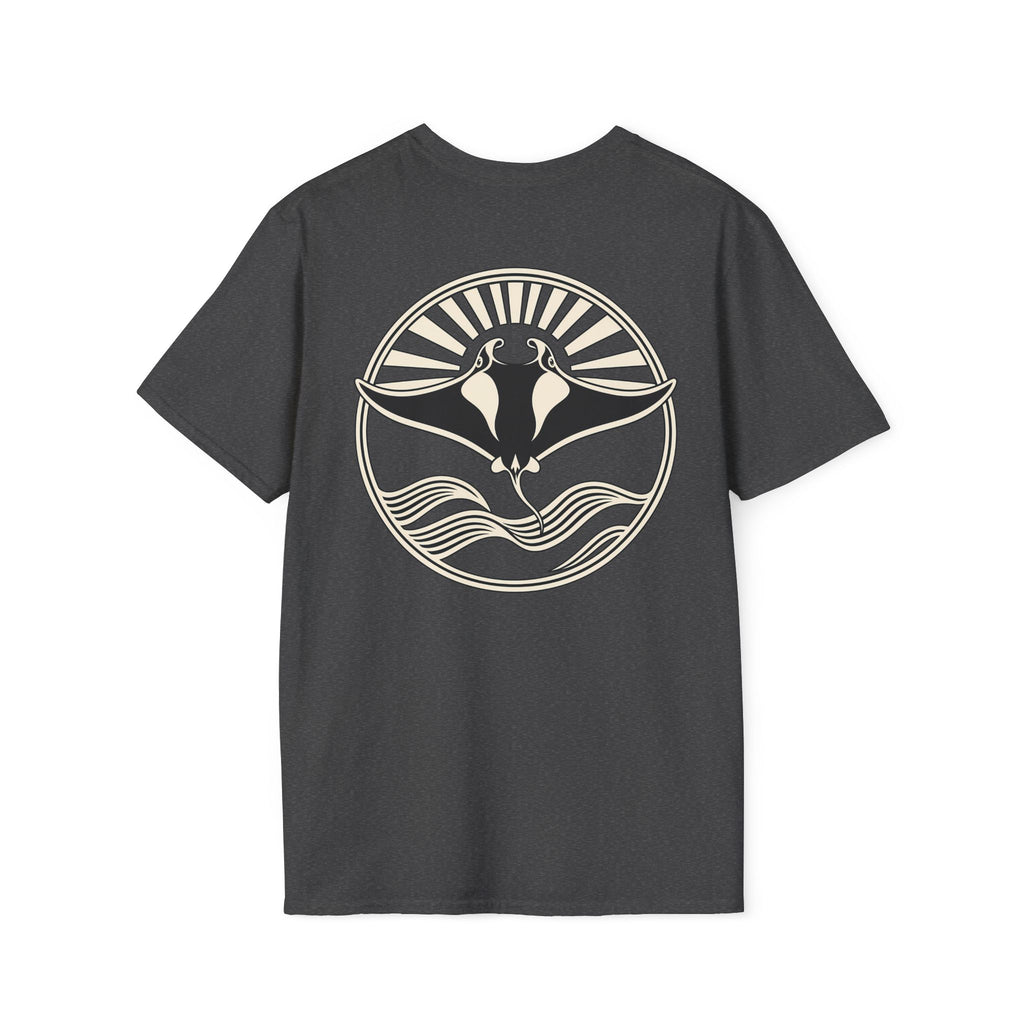 Back of a dark heather grey t-shirt with a large manta ray sunrise badge, laid flat
