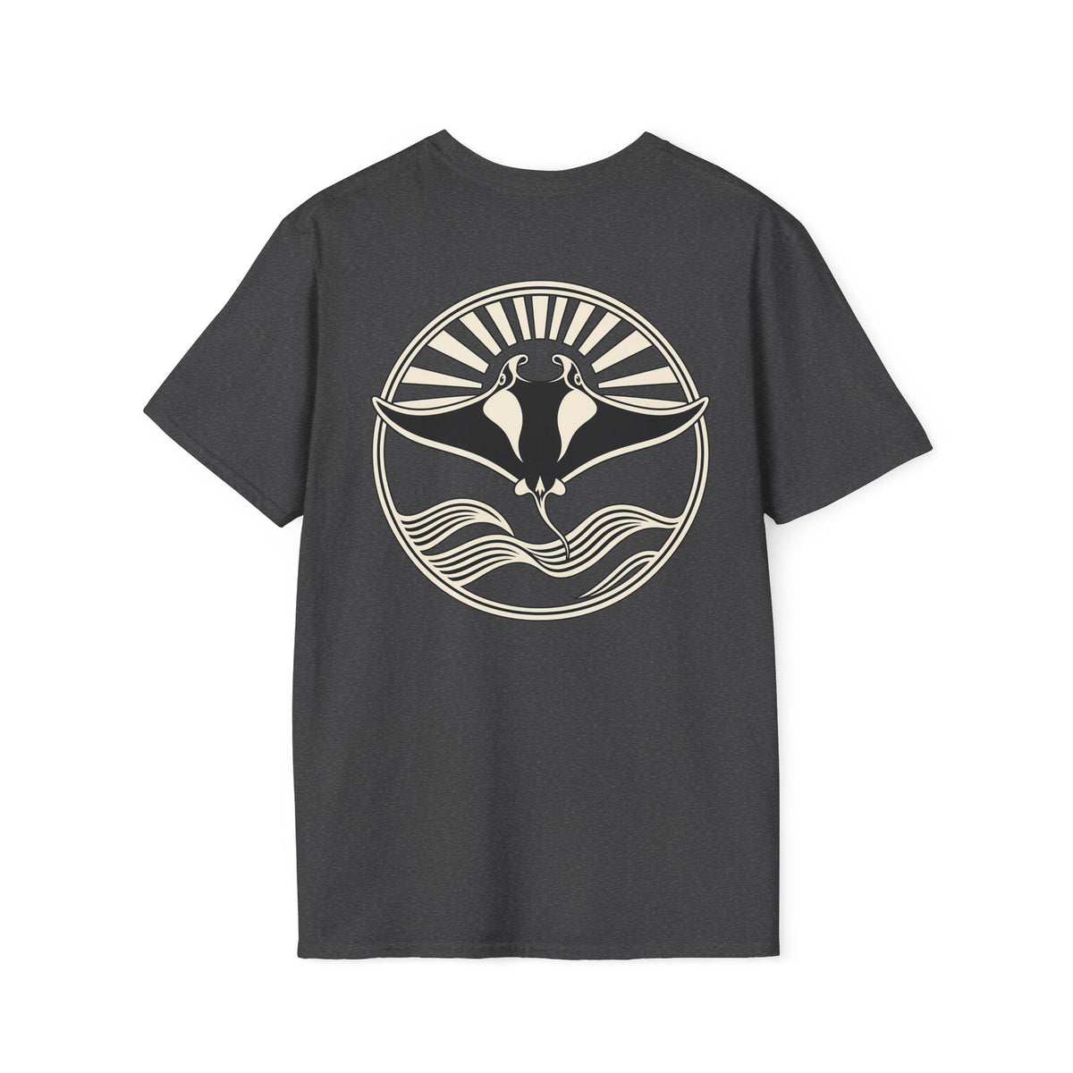 Back of a dark heather grey t-shirt with a large manta ray sunrise badge, laid flat