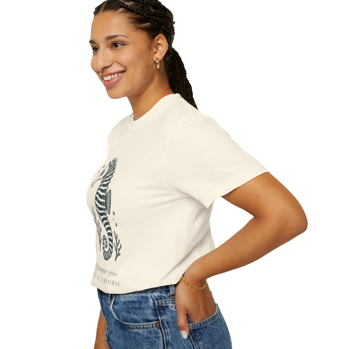 Zebra Seahorse T-Shirt, Teal Linocut Seahorse Tee