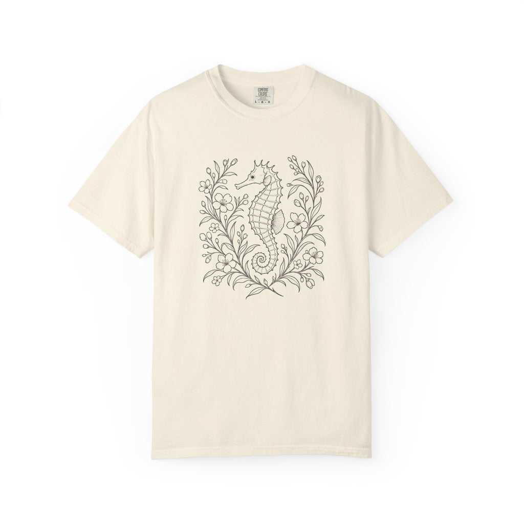 Fine Line Seahorse T-Shirt, Minimalist Botanical Seahorse Tee