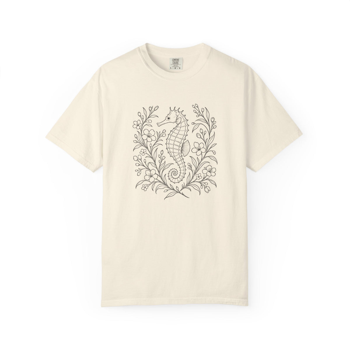 Fine Line Seahorse T-Shirt, Minimalist Botanical Seahorse Tee