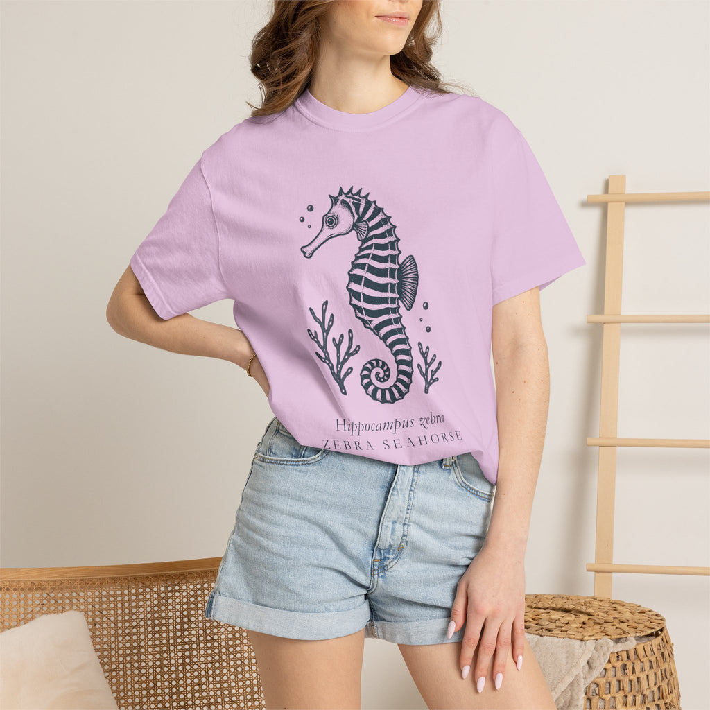 Zebra Seahorse T-Shirt, Teal Linocut Seahorse Tee