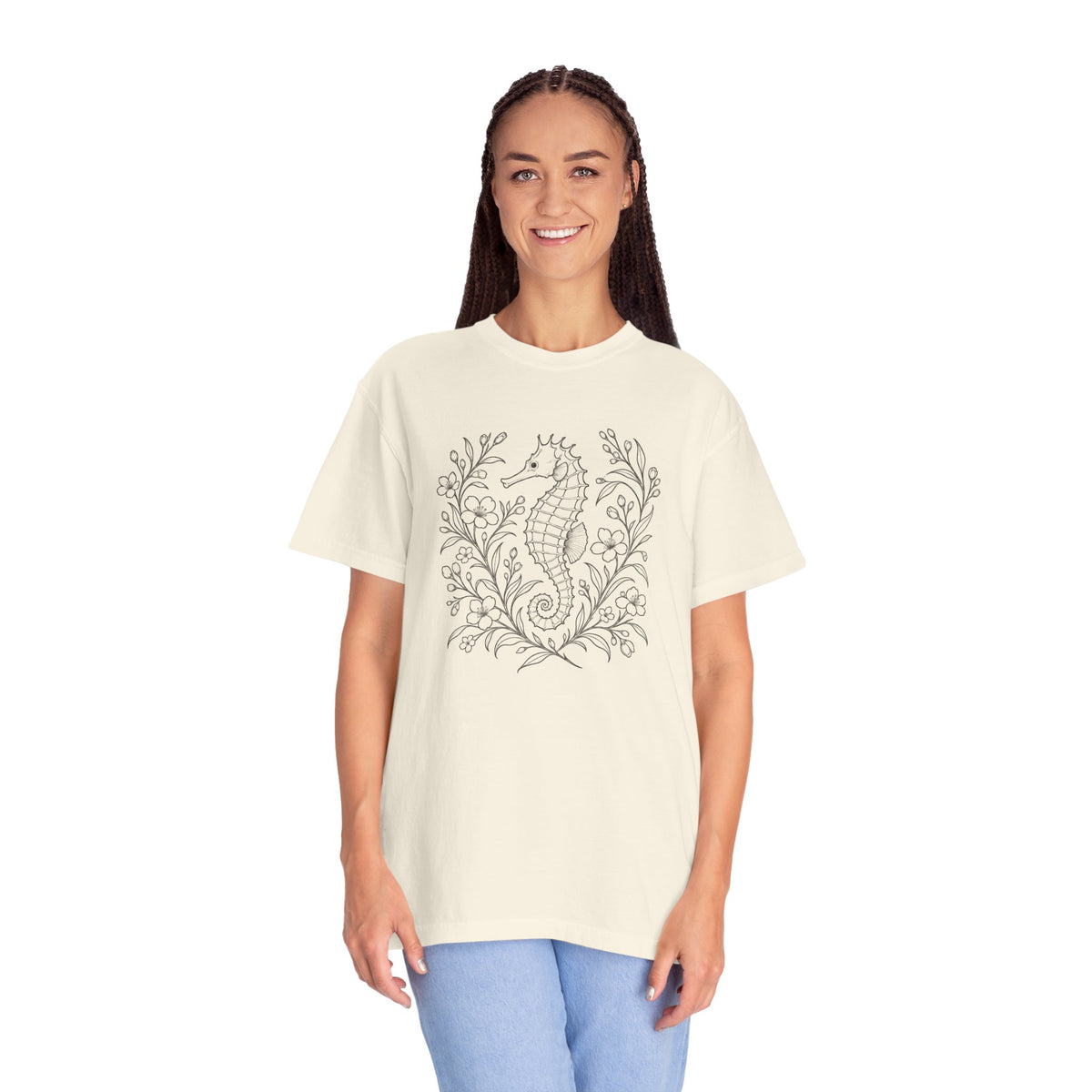 Fine Line Seahorse T-Shirt, Minimalist Botanical Seahorse Tee