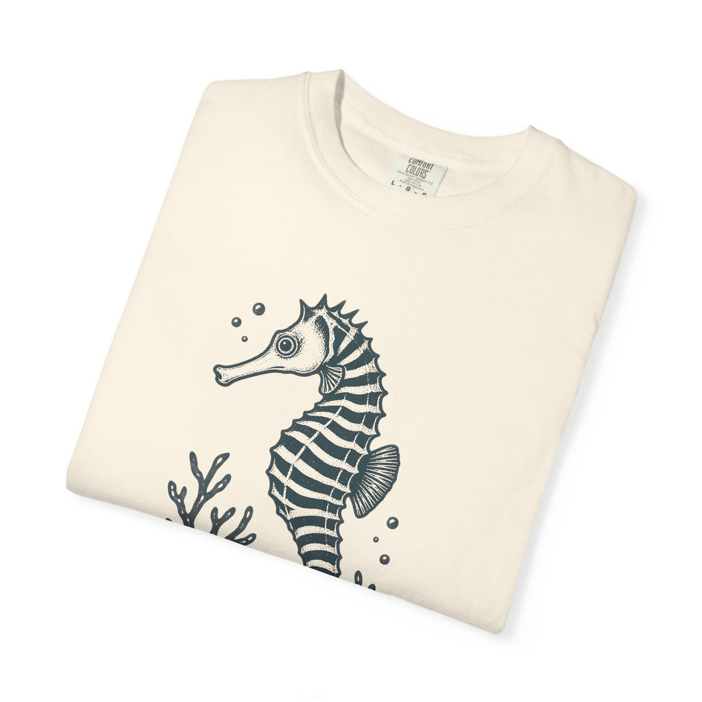 Zebra Seahorse T-Shirt, Teal Linocut Seahorse Tee