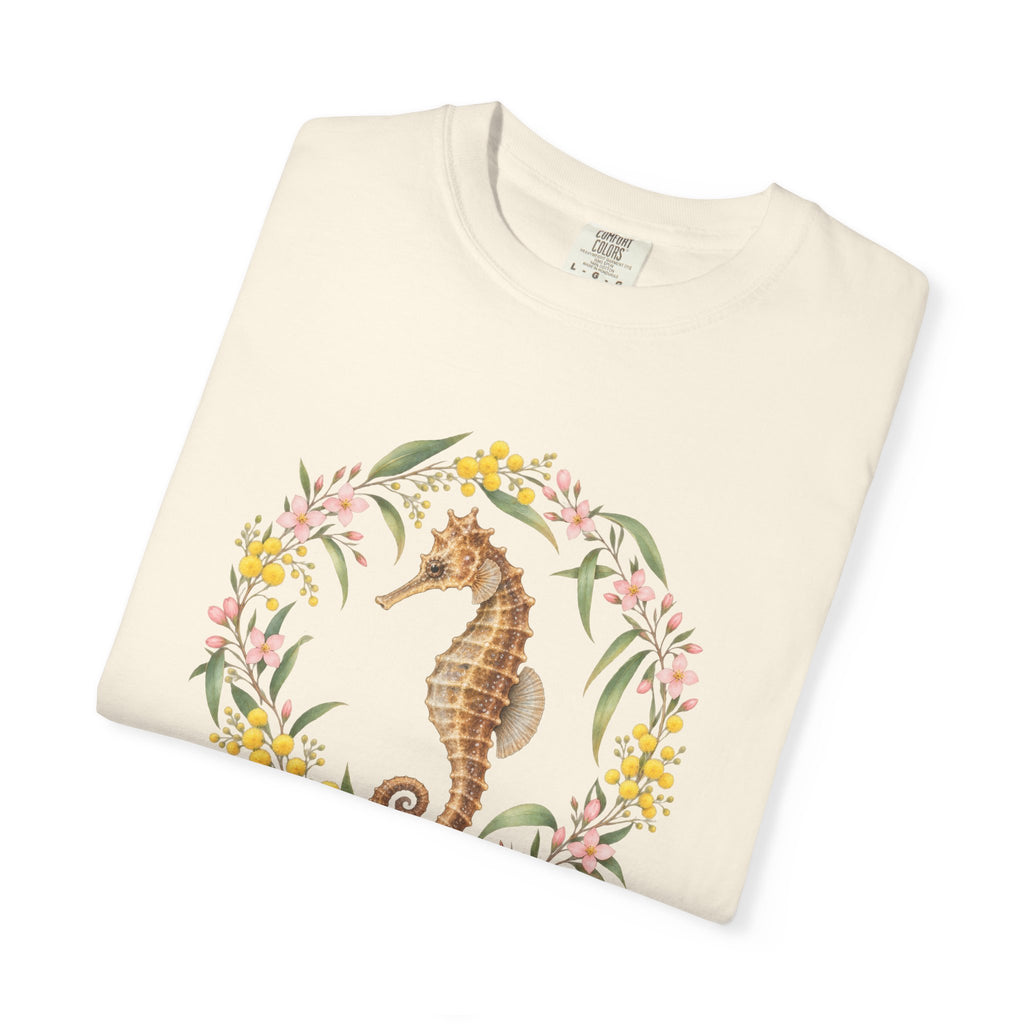 White's Seahorse T-Shirt, Wattle and Native Flower Wreath Tee