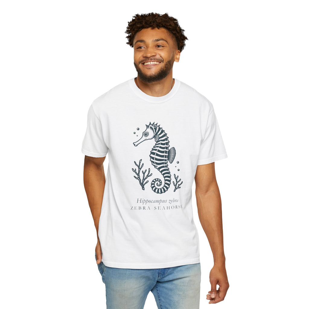 Zebra Seahorse T-Shirt, Teal Linocut Seahorse Tee
