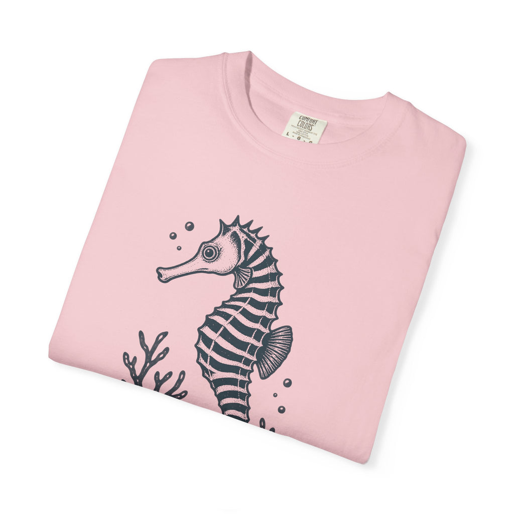 Zebra Seahorse T-Shirt, Teal Linocut Seahorse Tee