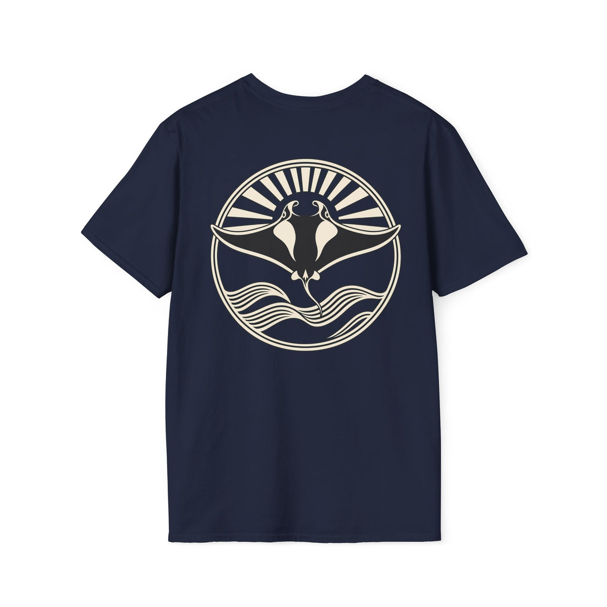Back of a navy t-shirt with a large manta ray sunrise badge, laid flat