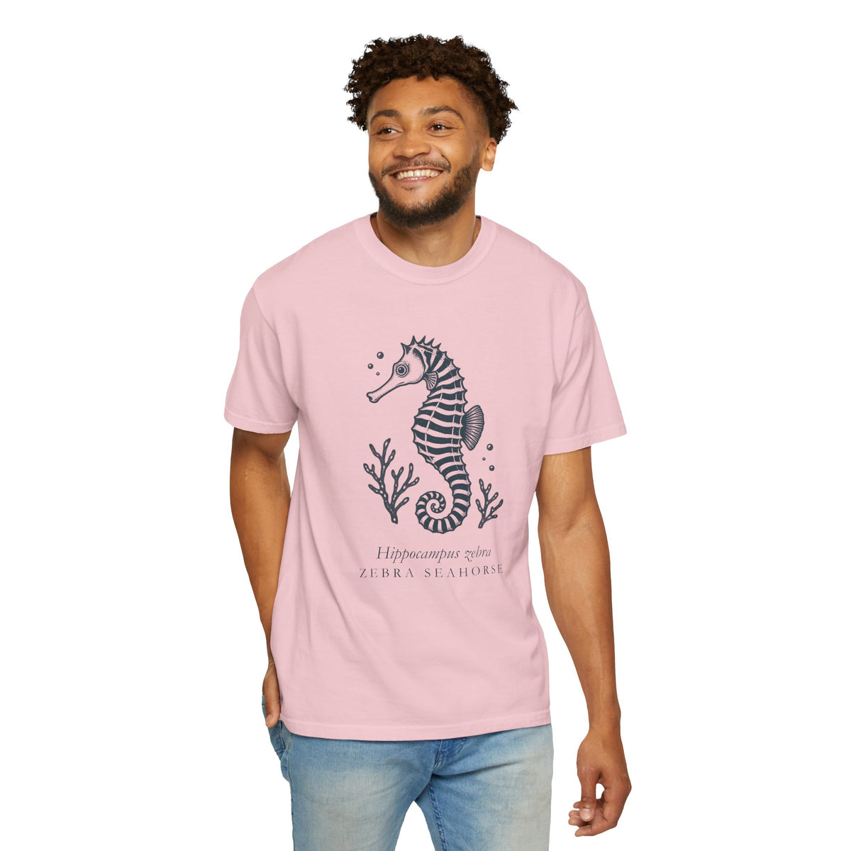 Zebra Seahorse T-Shirt, Teal Linocut Seahorse Tee