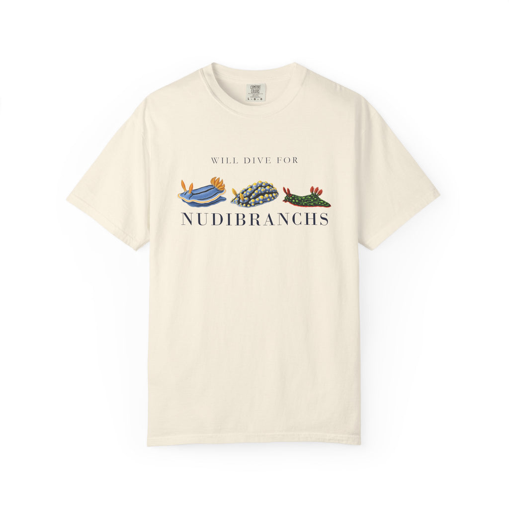 Ivory Will Dive for Nudibranchs tee laid flat, three nudibranchs above the word NUDIBRANCHS
