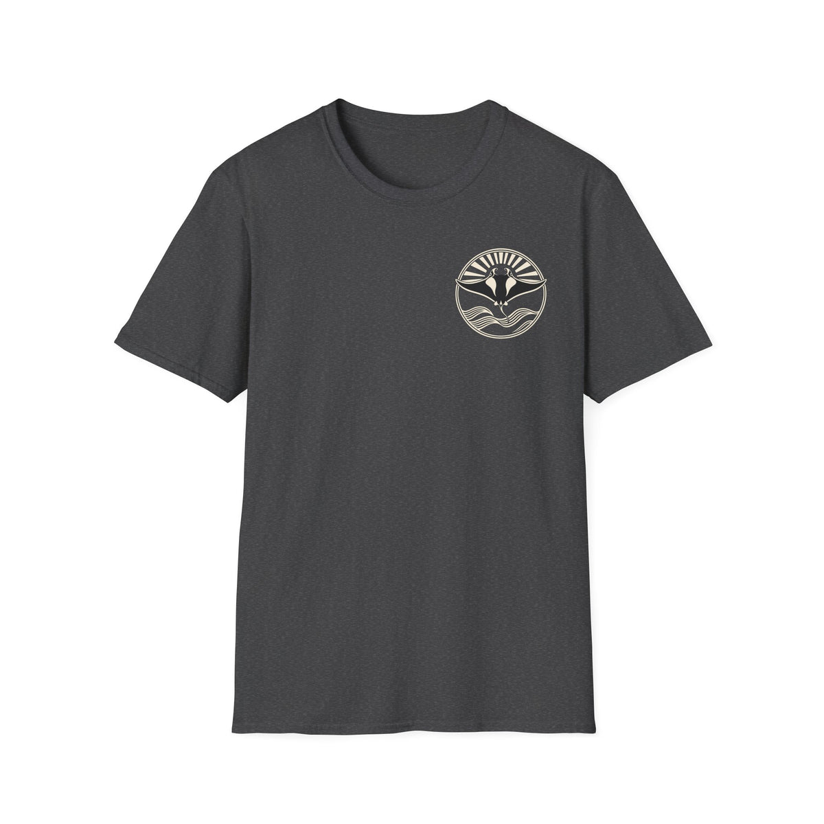 Dark heather grey t-shirt laid flat with a small manta ray sunrise badge on the front chest