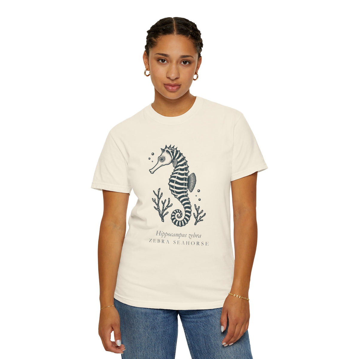Zebra Seahorse T-Shirt, Teal Linocut Seahorse Tee