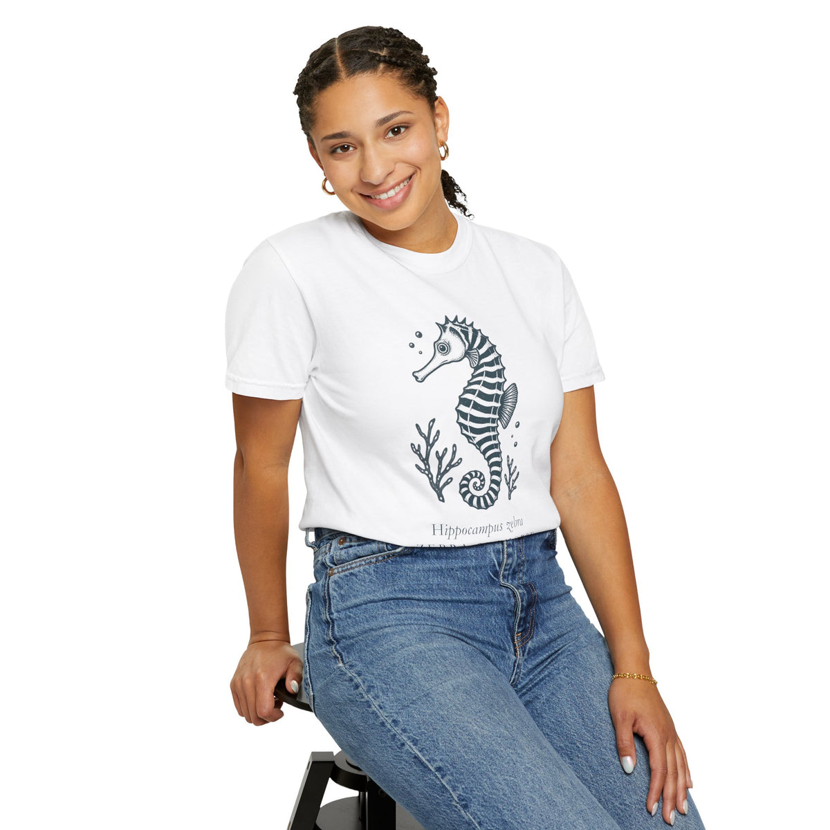Zebra Seahorse T-Shirt, Teal Linocut Seahorse Tee