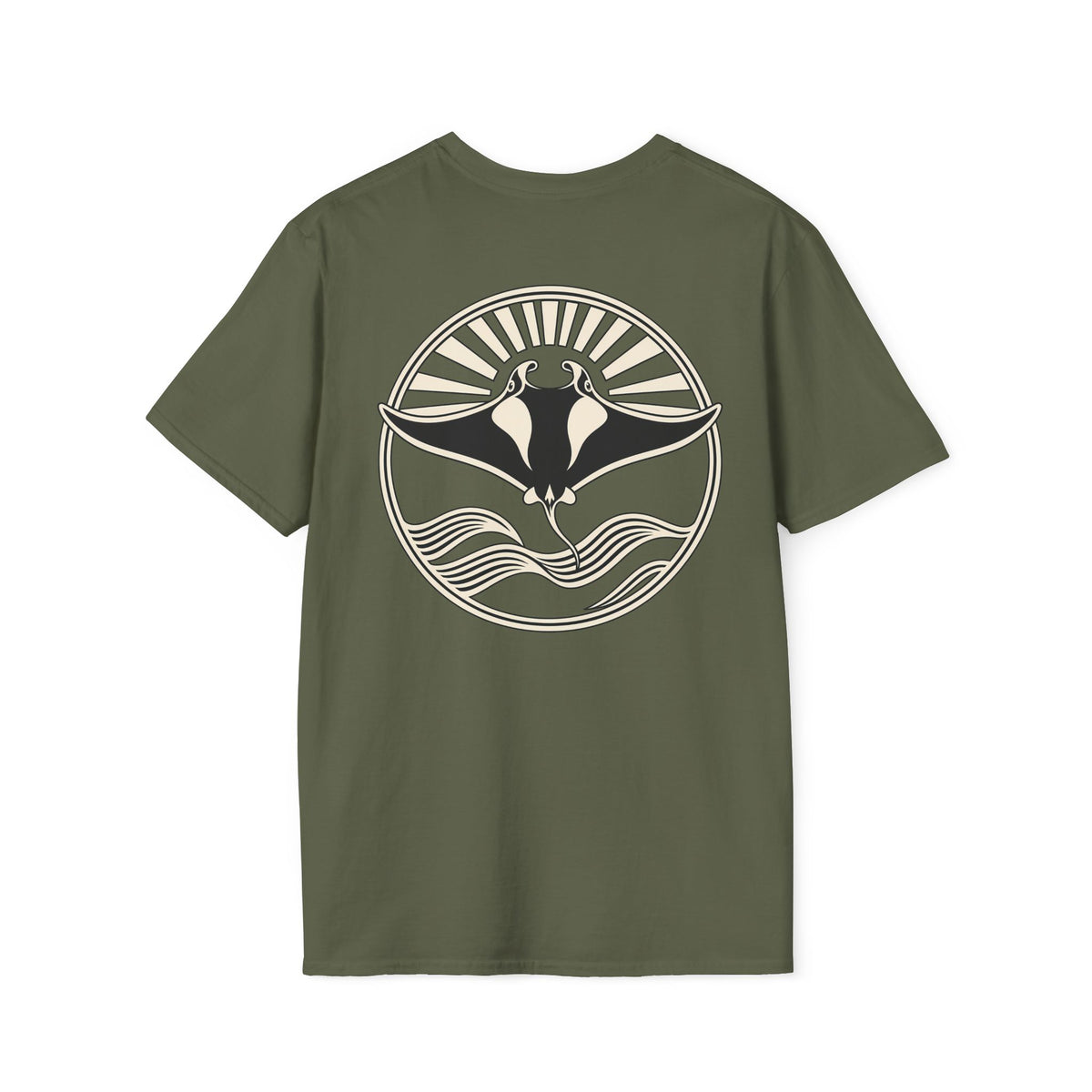 Back of a military green t-shirt with a large manta ray sunrise badge, laid flat