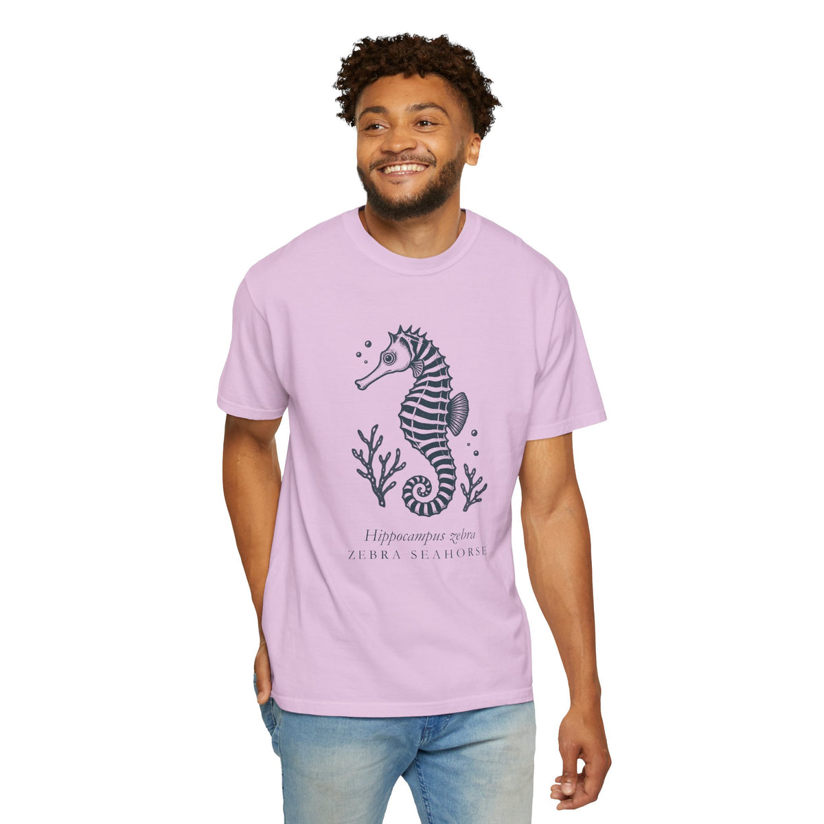 Zebra Seahorse T-Shirt, Teal Linocut Seahorse Tee