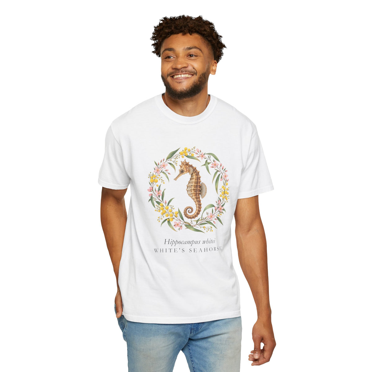 White's Seahorse T-Shirt, Wattle and Native Flower Wreath Tee