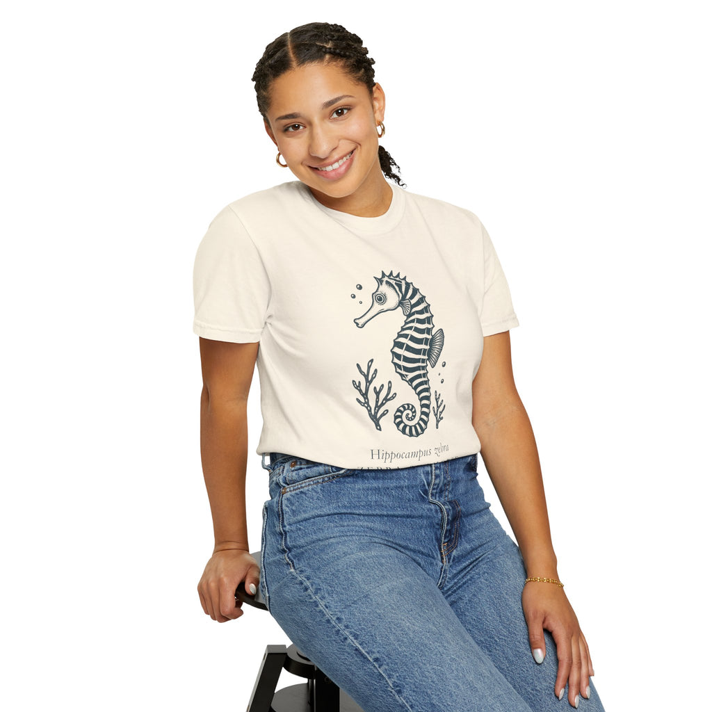 Zebra Seahorse T-Shirt, Teal Linocut Seahorse Tee