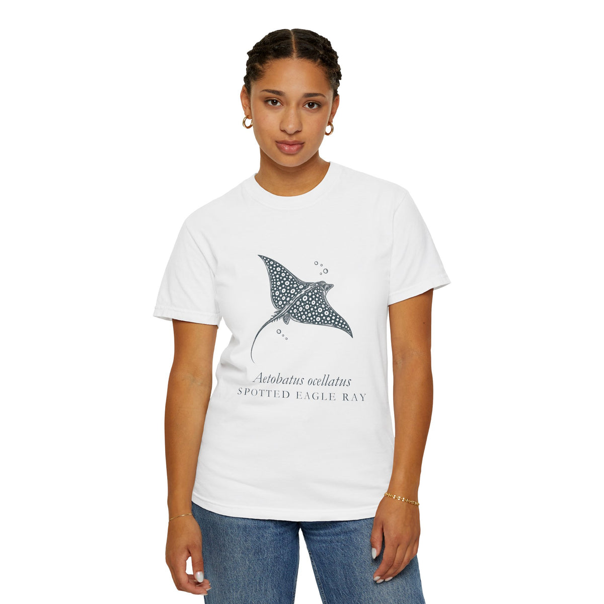 Spotted Eagle Ray Linocut tee, digital mockup 1