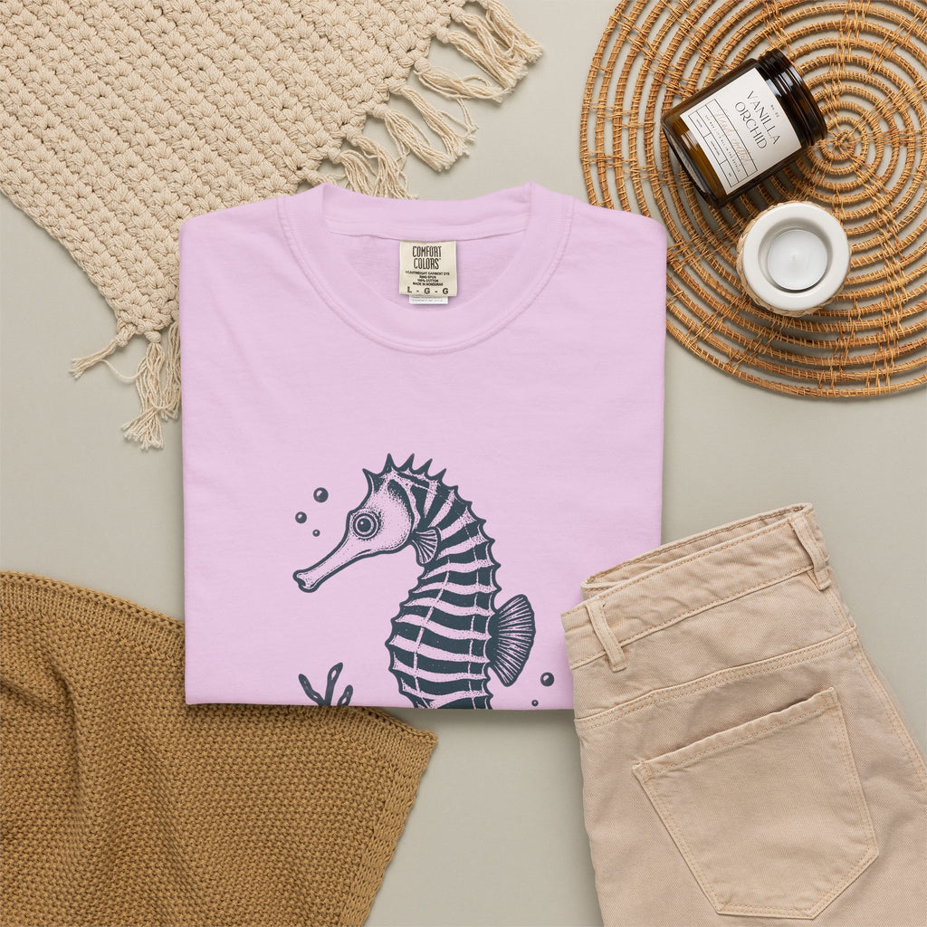 Zebra Seahorse T-Shirt, Teal Linocut Seahorse Tee