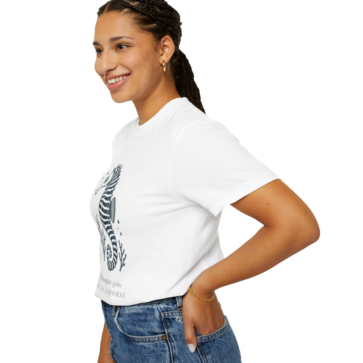 Zebra Seahorse T-Shirt, Teal Linocut Seahorse Tee