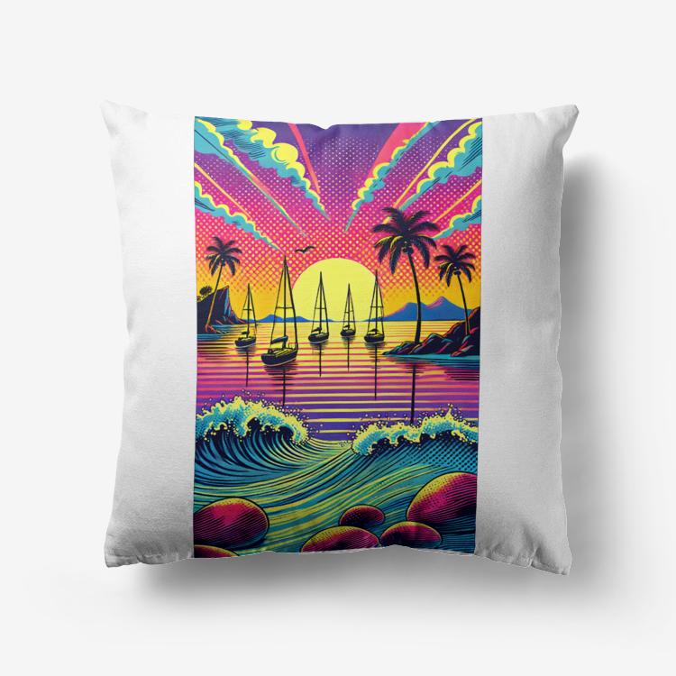 Pop Art Sunset Sailing Cushion – Vibrant Tropical Beach Pillow