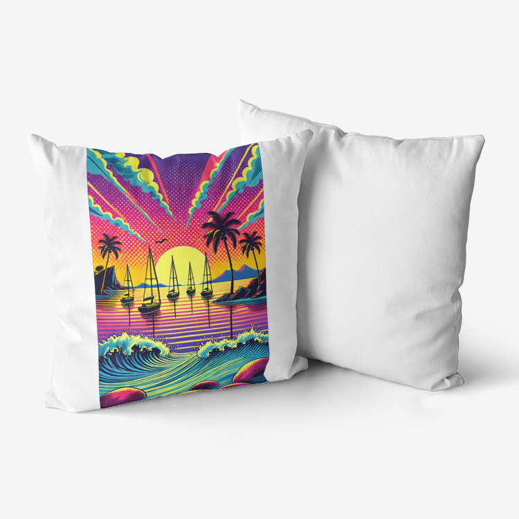 Pop Art Sunset Sailing Cushion – Vibrant Tropical Beach Pillow