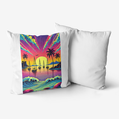 Pop Art Sunset Sailing Cushion – Vibrant Tropical Beach Pillow