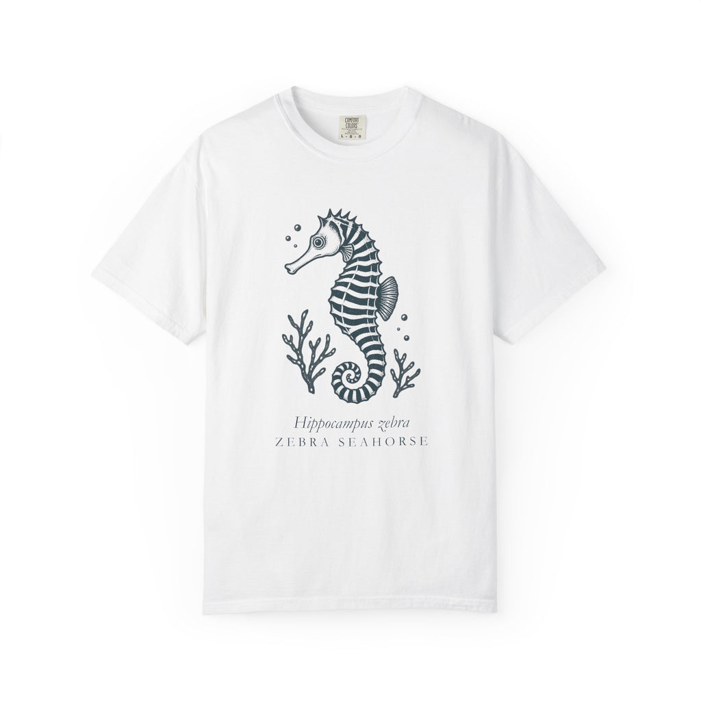 Zebra Seahorse T-Shirt, Teal Linocut Seahorse Tee