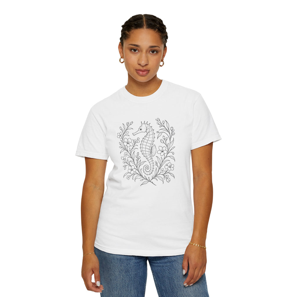 Fine Line Seahorse T-Shirt, Minimalist Botanical Seahorse Tee