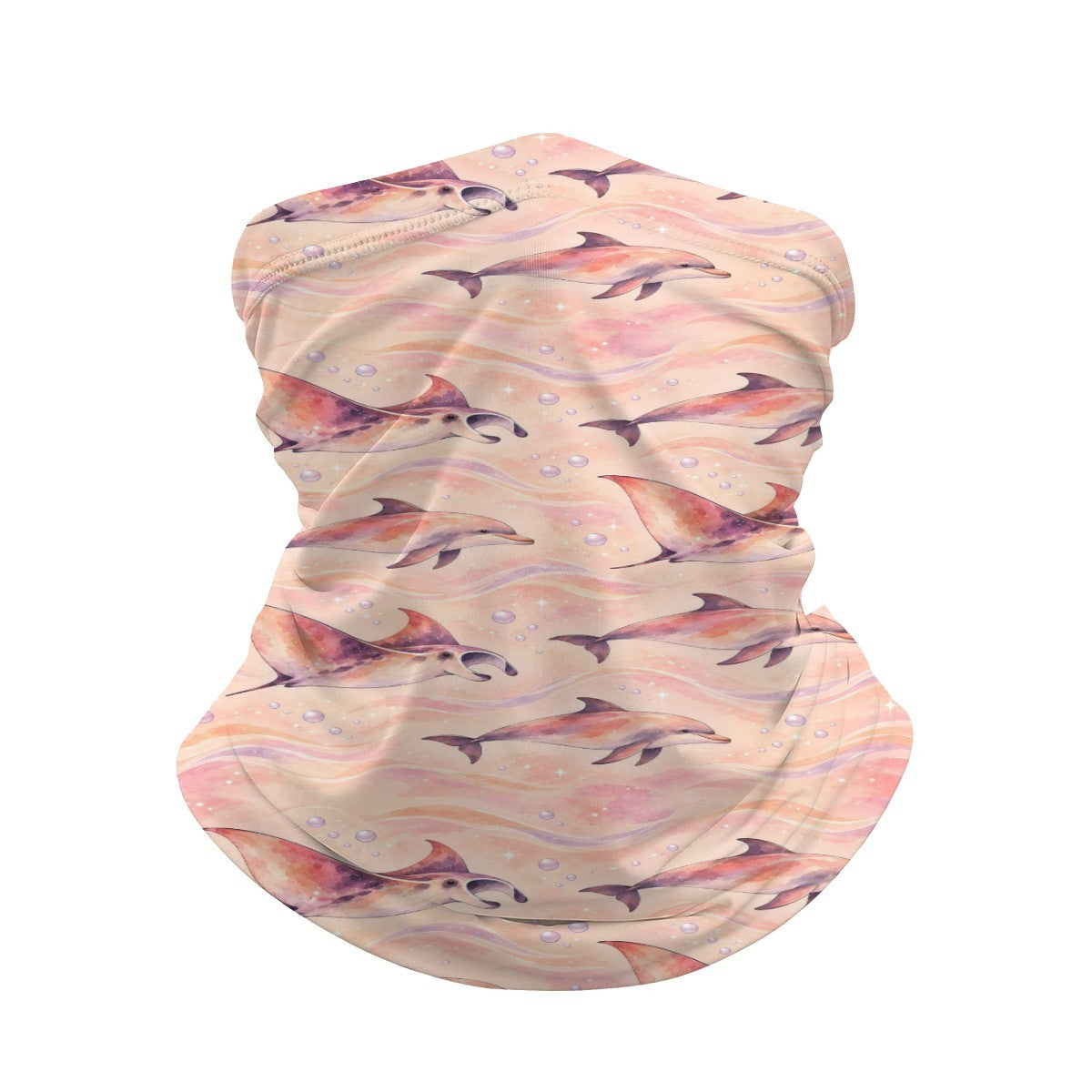 Neck gaiter and diving headband with pink, coral and brown ocean animals on a peach and pale pink sea