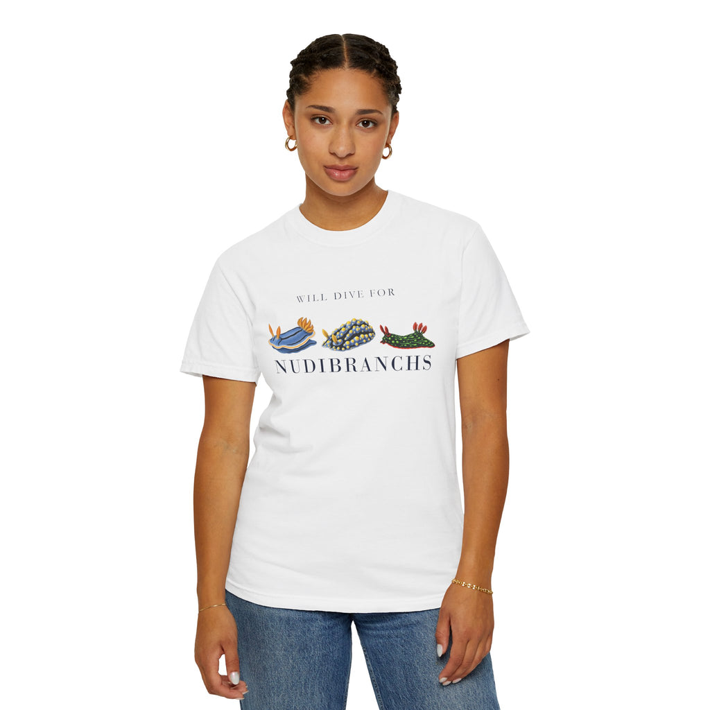 White Will Dive for Nudibranchs tee on a model, front view