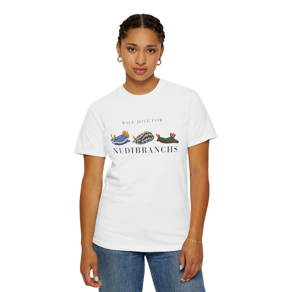 White Will Dive for Nudibranchs tee on a model, front view