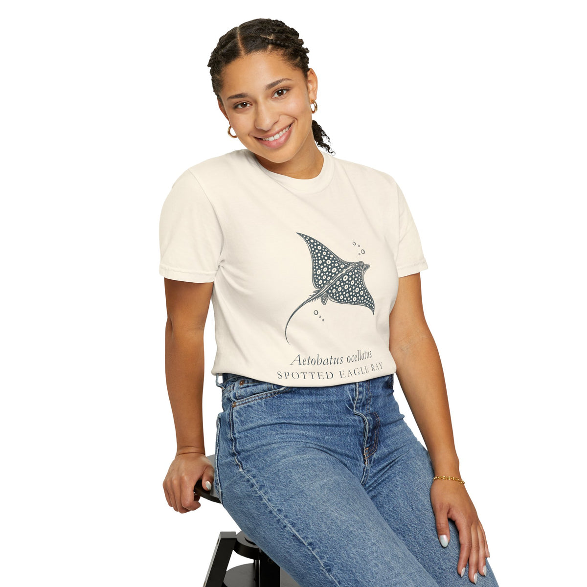 Spotted Eagle Ray Linocut tee, digital mockup 2