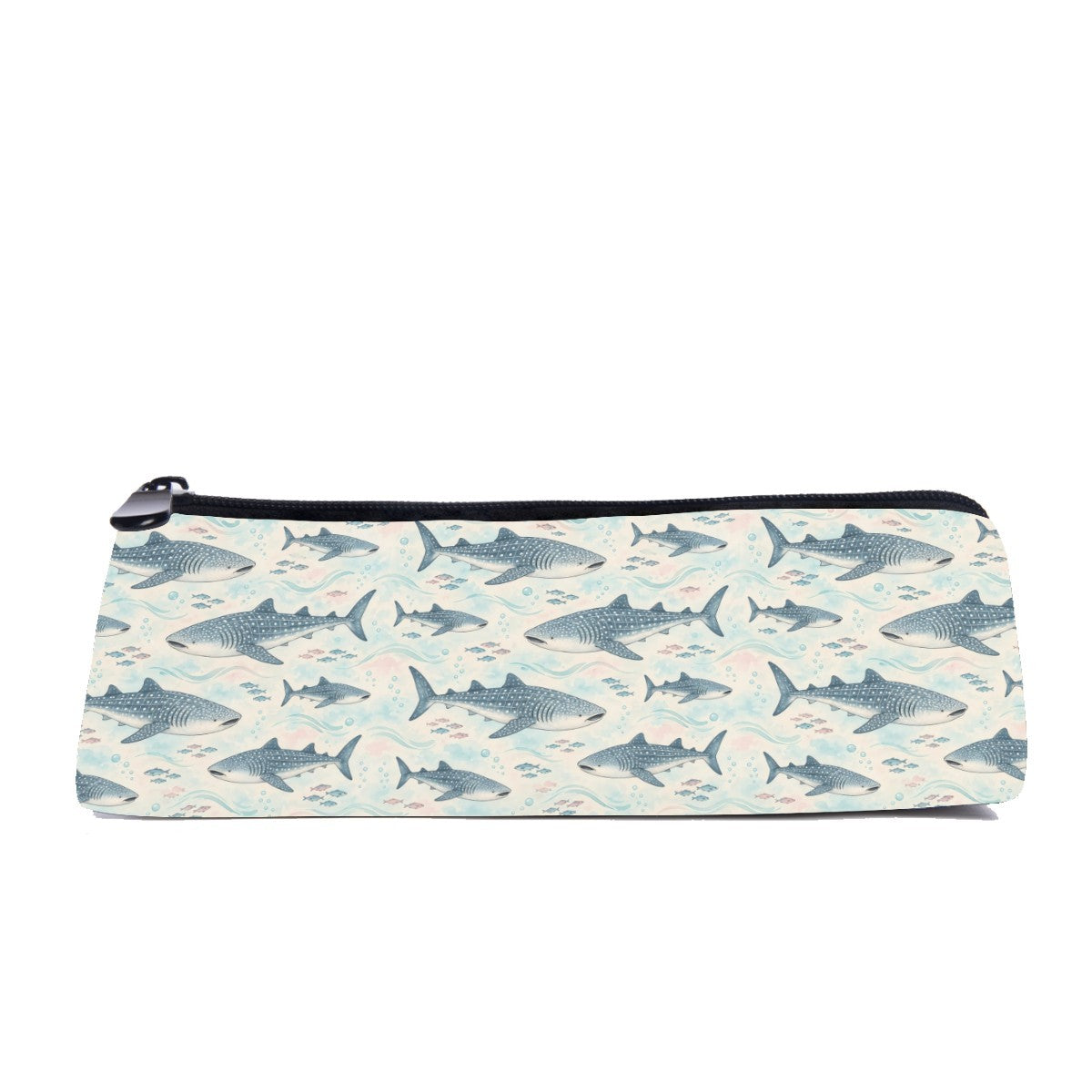 Slim zip pencil case printed with spotted whale sharks and grey-blue sharks on cream