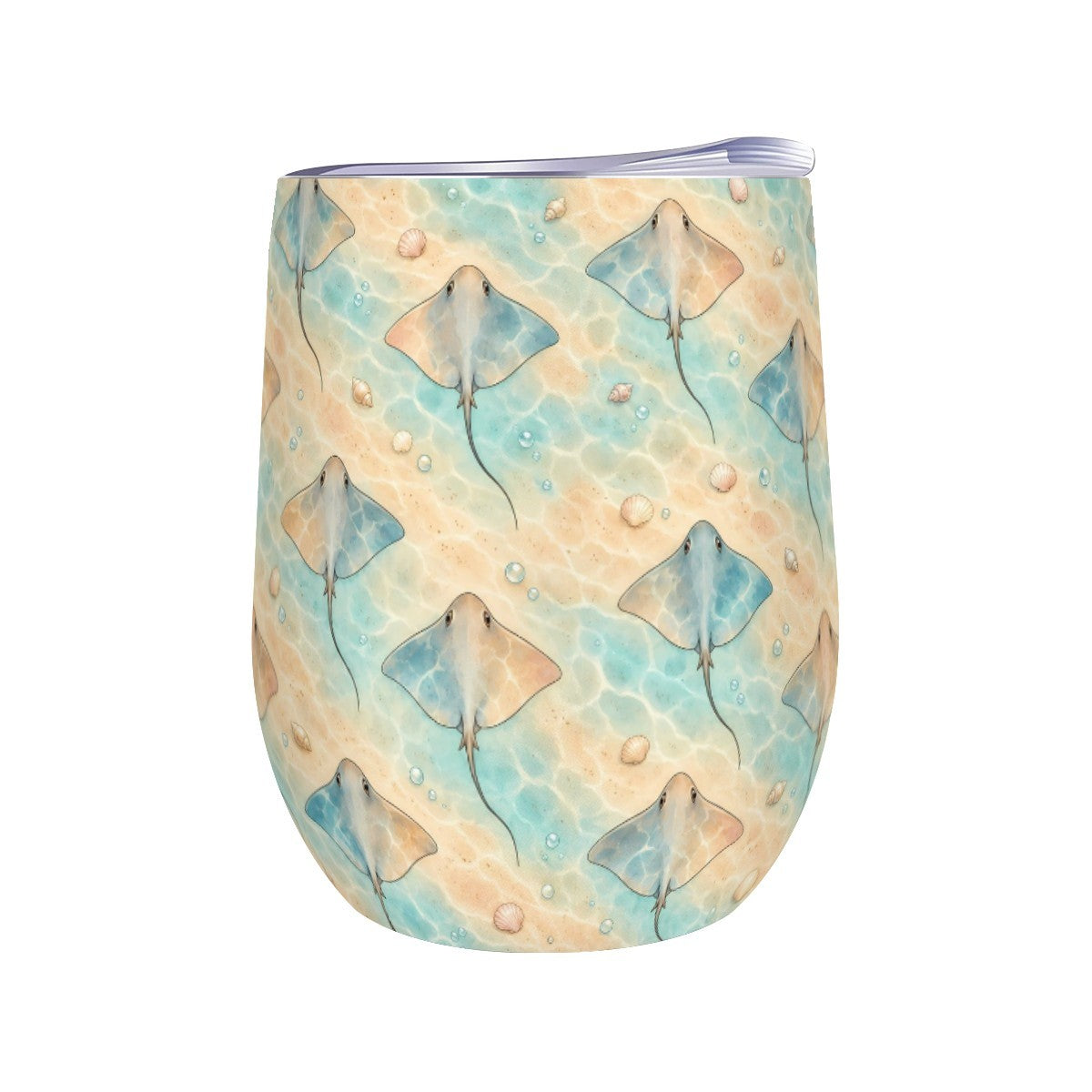 White stemless wine tumbler printed with a repeating pattern of stingrays