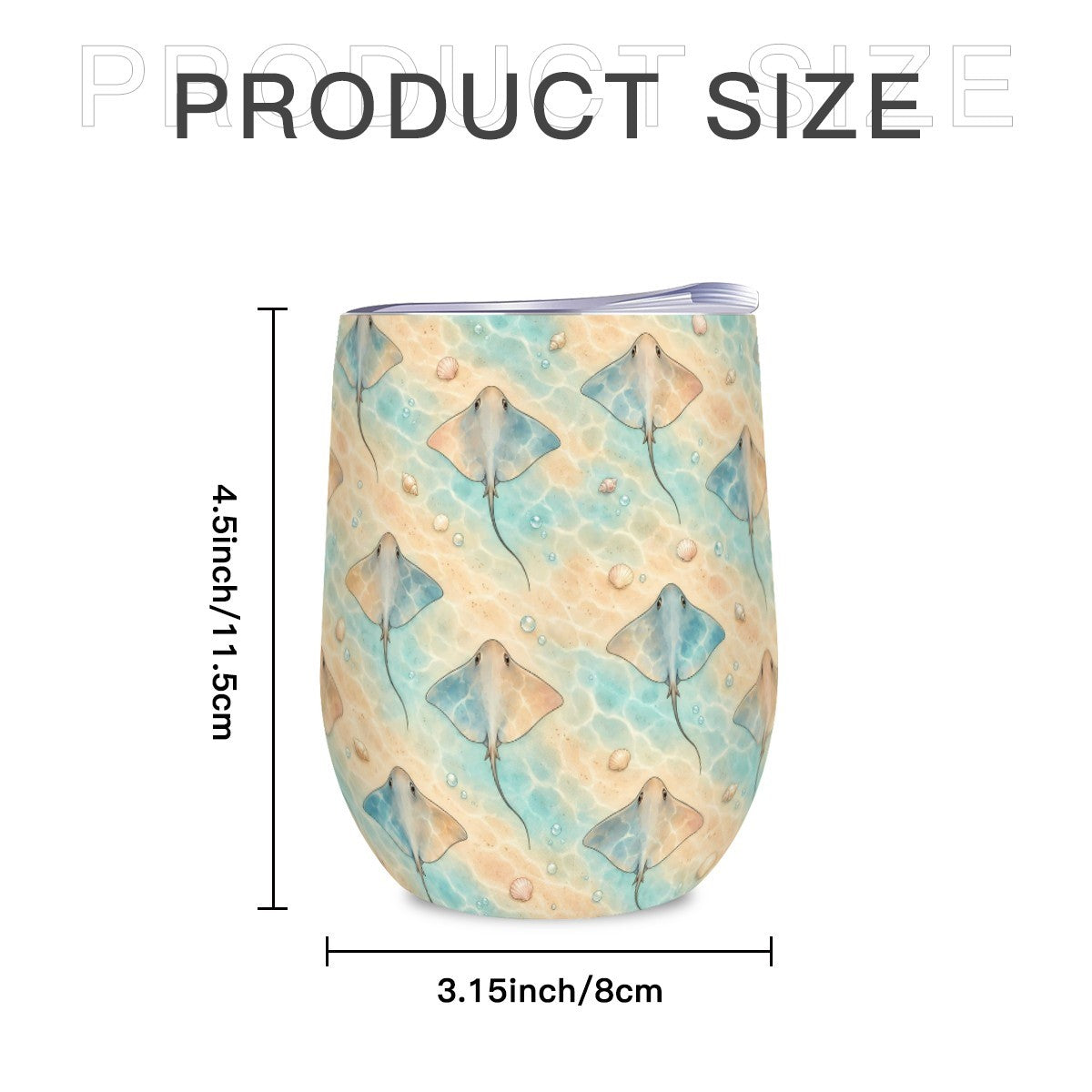 Size diagram of the stingray tumbler showing its height and width