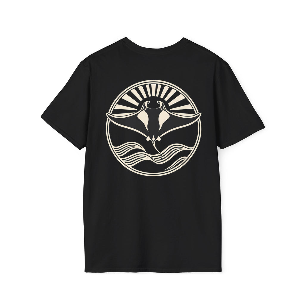 Back of a black t-shirt with a large manta ray sunrise badge, laid flat