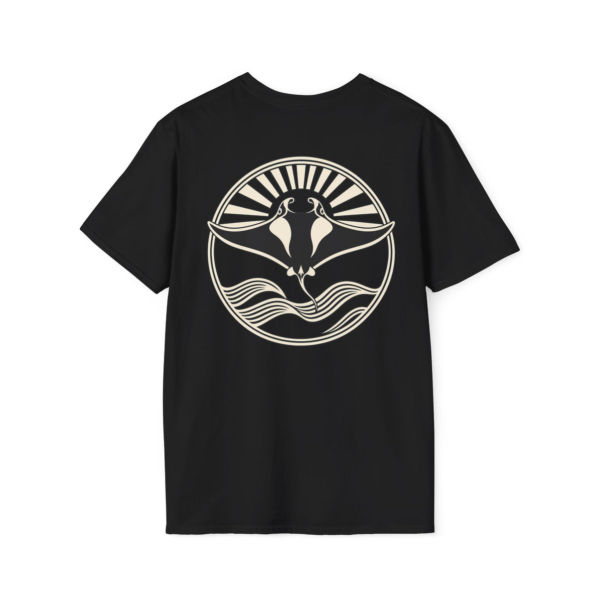 Back of a black t-shirt with a large manta ray sunrise badge, laid flat