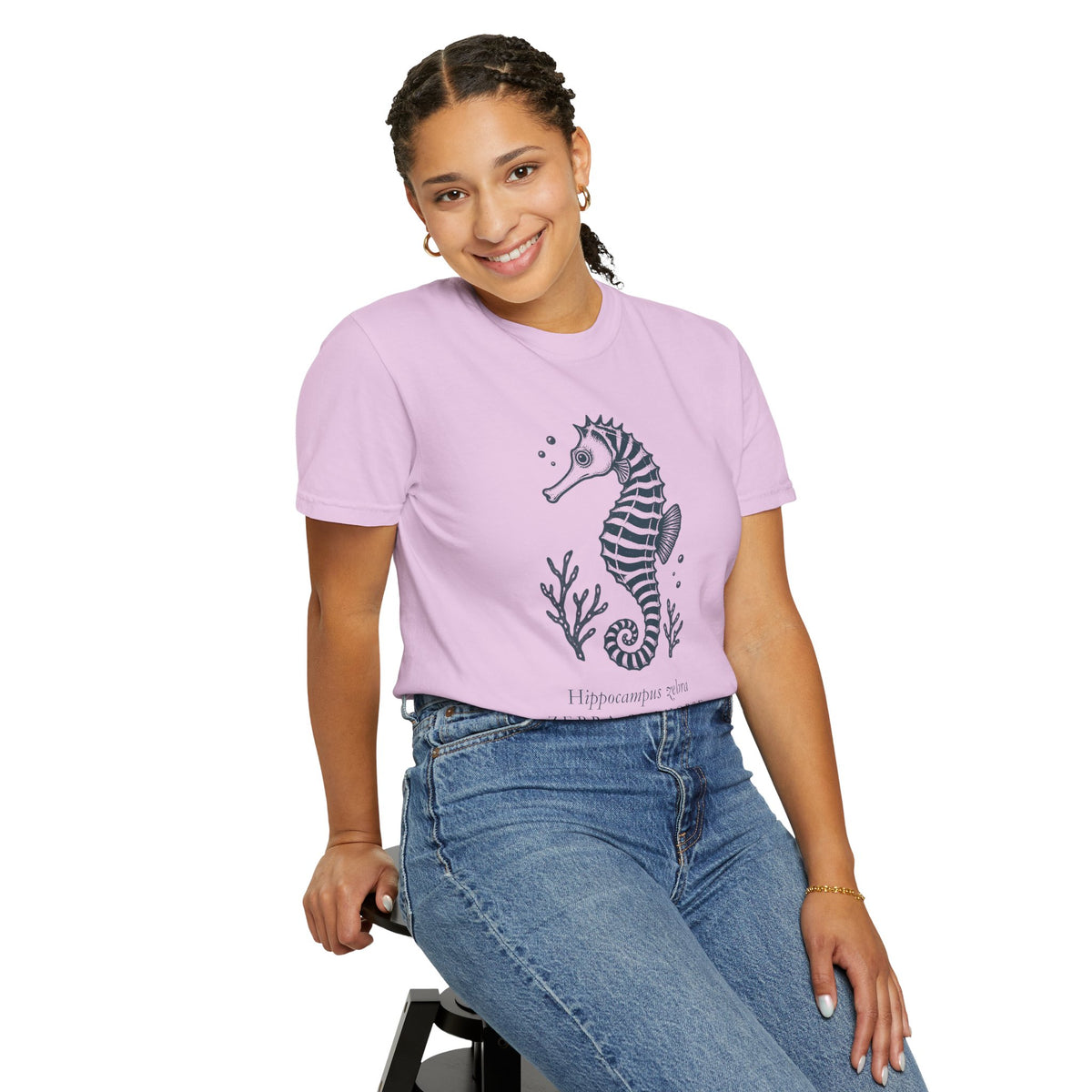 Zebra Seahorse T-Shirt, Teal Linocut Seahorse Tee