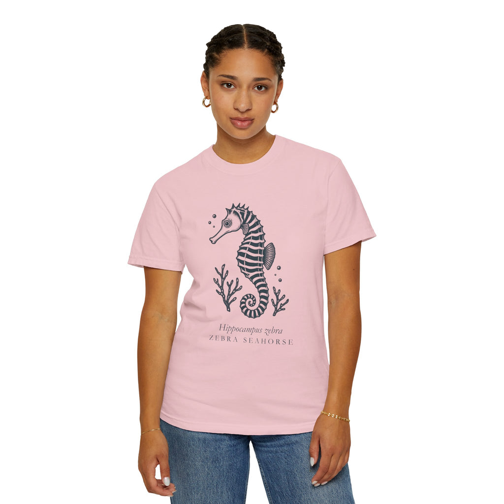 Zebra Seahorse T-Shirt, Teal Linocut Seahorse Tee